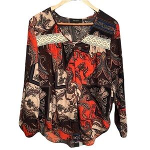 💰Karen Kane Blouse M Paisley Tunic Top Fairy Cottagecore Boho Puff Sleeve